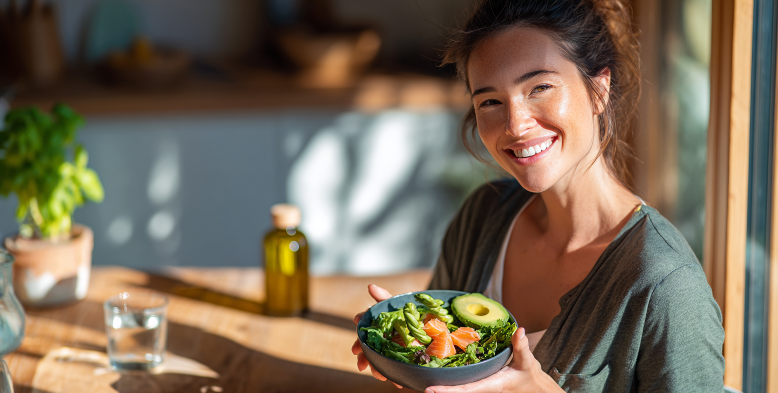 Vrouw met salade bowl