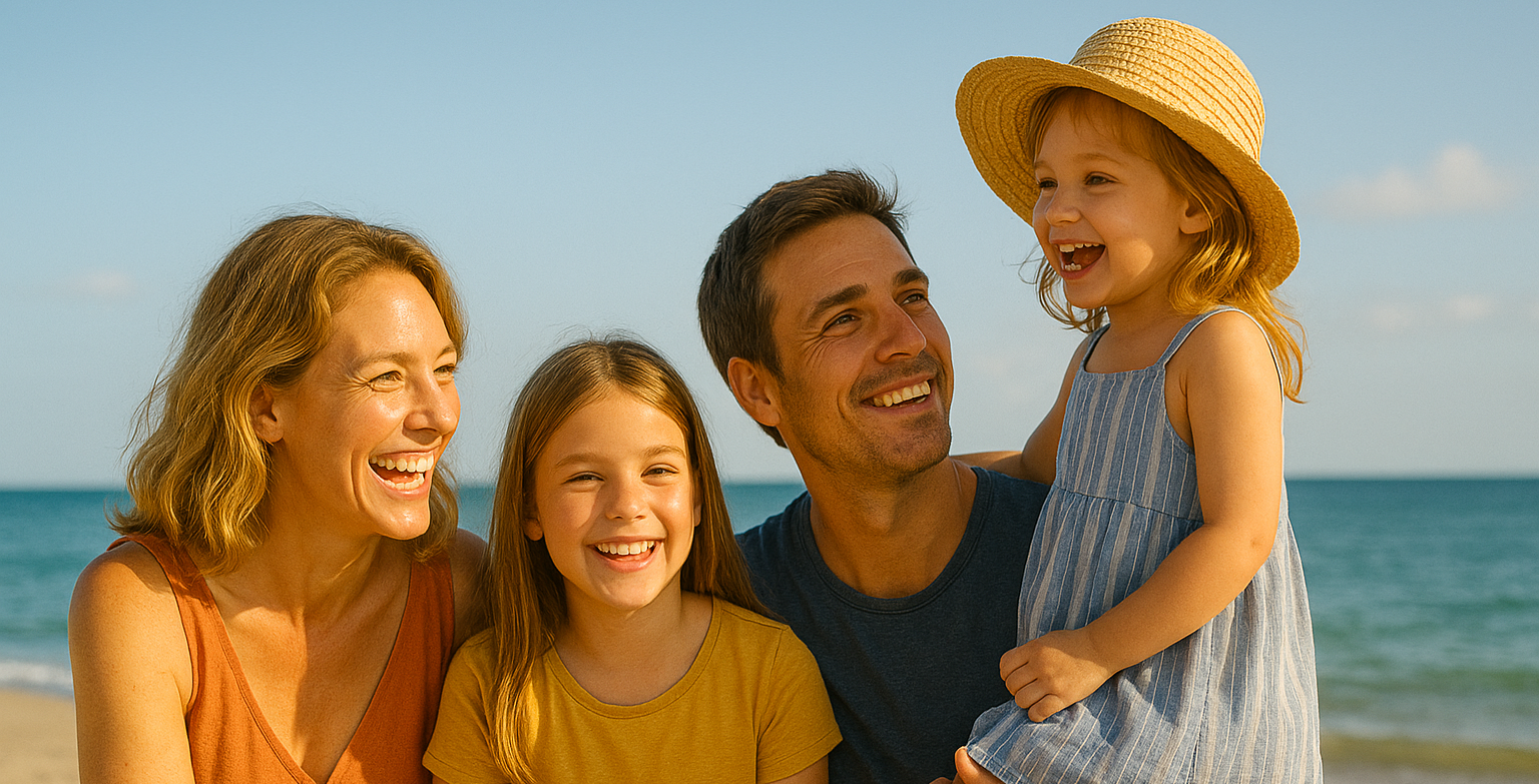 Moeder, vader en twee kinderen op het strand