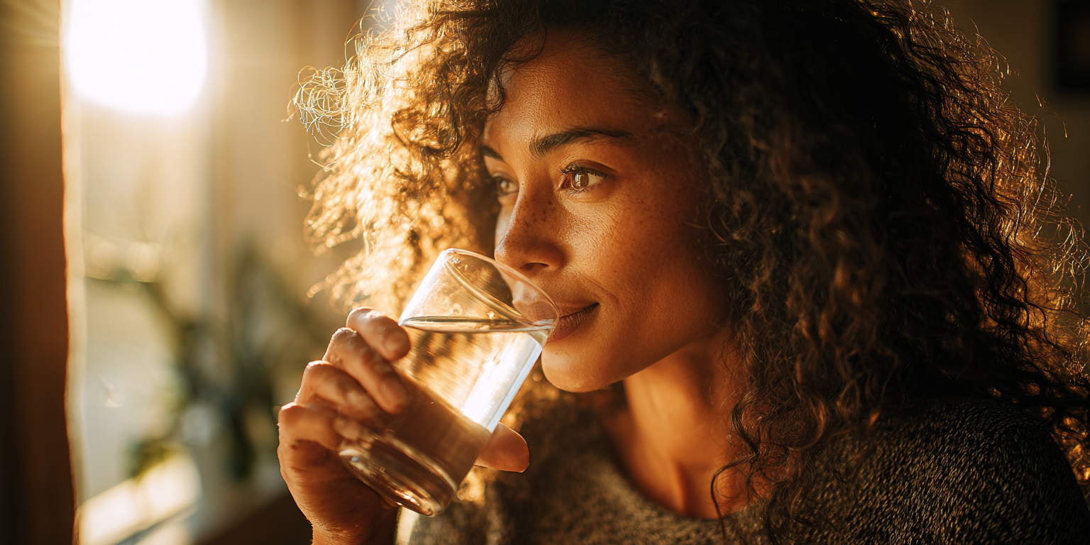 Woman with radiant skin drinks a glass of water by natural light, symbolizing healthy hydration