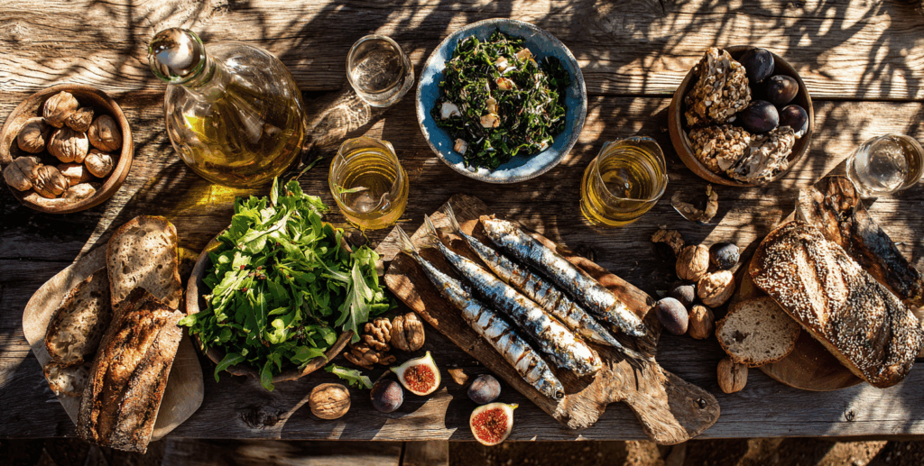 Bovenaanzicht van een mediterrane lunch met sardines, zeewier, walnoten, olijfolie en vijgen op een houten tafel aan de kust van Ikaria, symbool voor een omega-3 rijk dieet en gezonde levensstijl