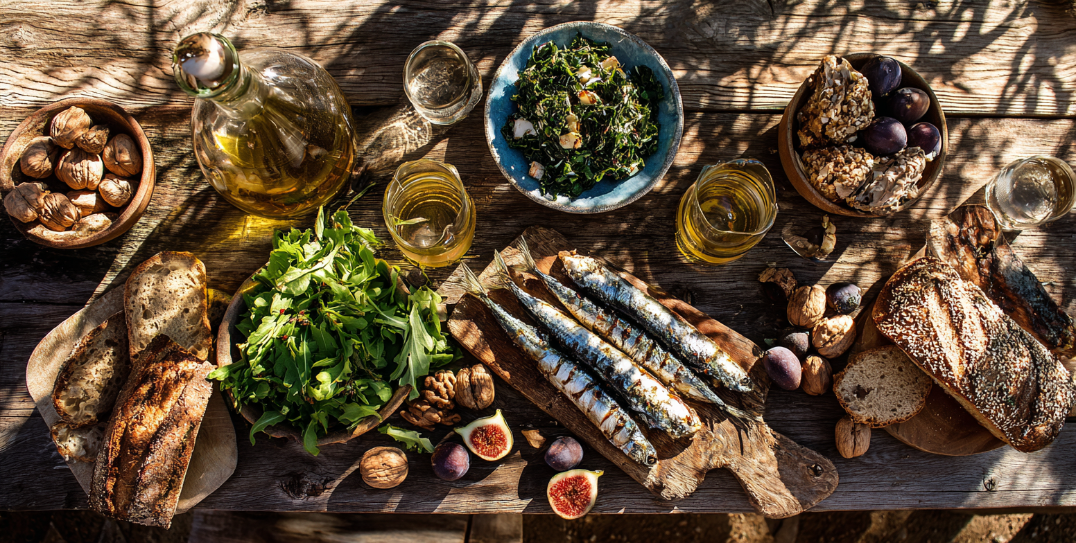 Bovenaanzicht van een mediterrane lunch met sardines, zeewier, walnoten, olijfolie en vijgen op een houten tafel aan de kust van ikaria, symbool voor een omega-3 rijk dieet en gezonde levensstijl
