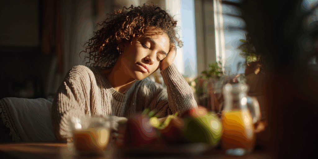 Vermoeide vrouw aan een keukentafel met haar hoofd rustend op haar hand, omringd door gezonde voeding zoals fruit, groenten en noten, met zacht ochtendlicht dat door het raam valt