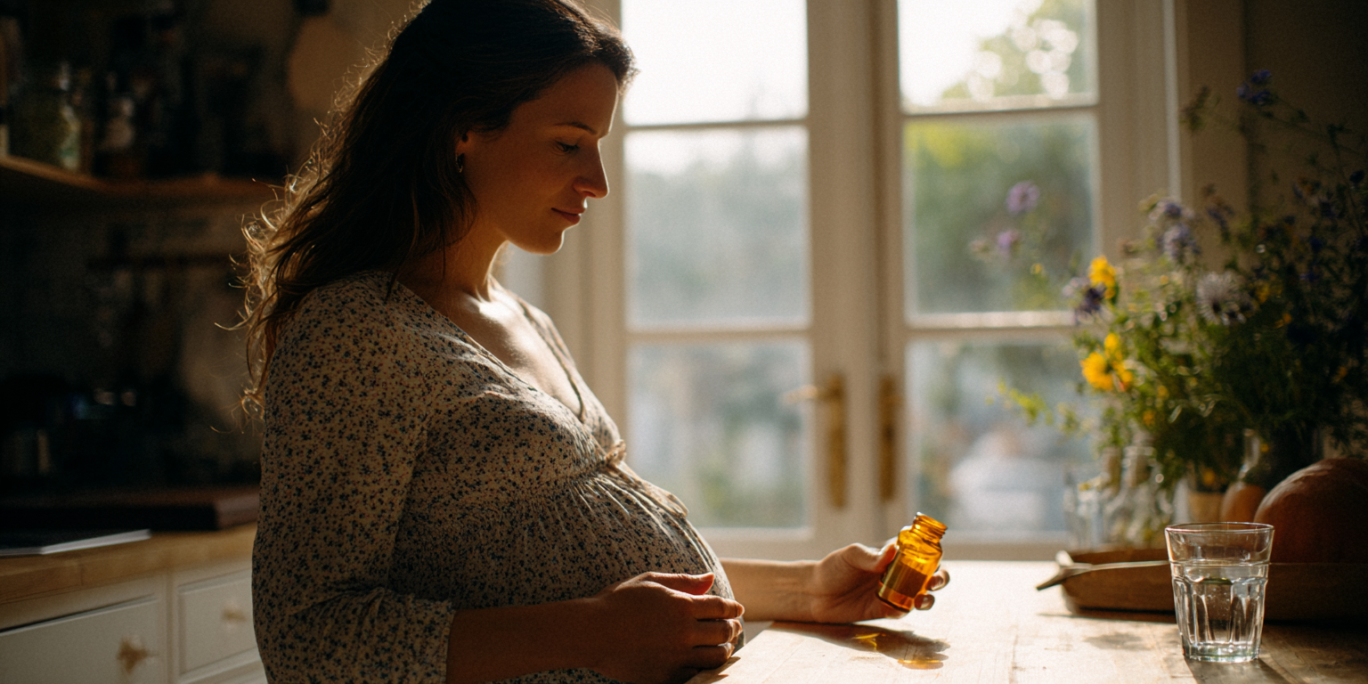 Zwangere vrouw die een visoliecapsule vasthoudt aan de keukentafel met een flesje omega-3 supplementen en een glas water, in natuurlijk daglicht