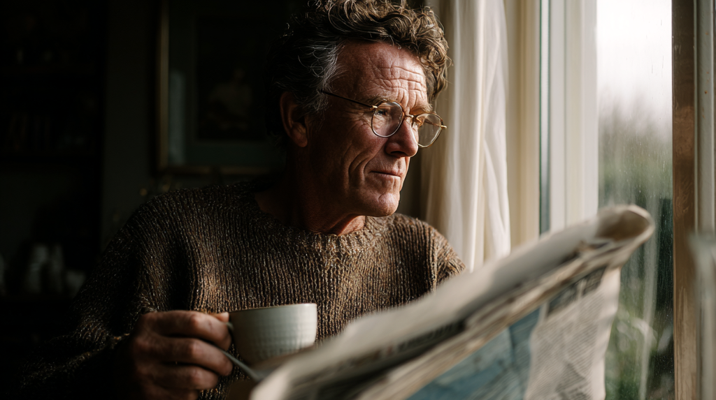 man zit bij het raam met een kop koffie en leest de krant