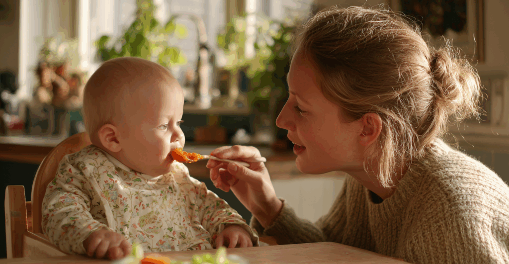 vrouw die baby eten geeft via de lepel
