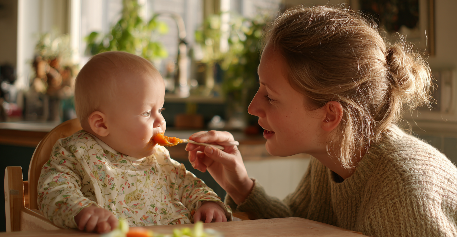 Vrouw die baby eten geeft via de lepel
